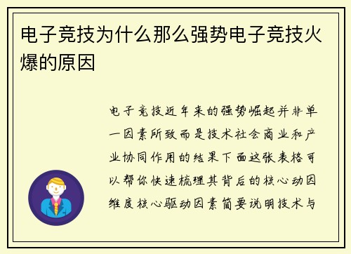 电子竞技为什么那么强势电子竞技火爆的原因